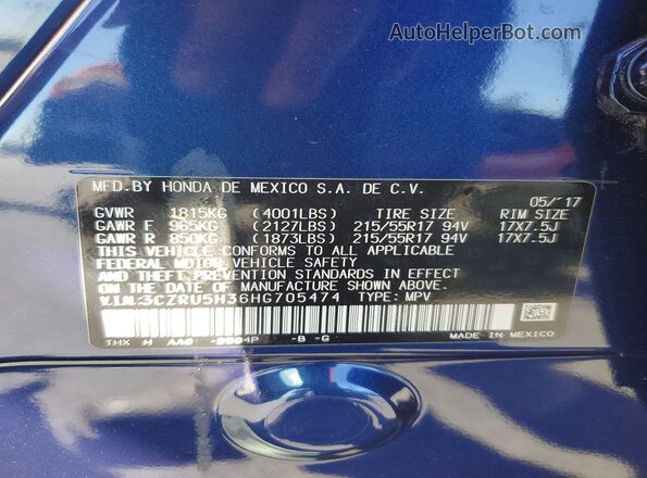 3CZRU5H36HG705474 2017 HONDA HR-V Blue Vista del compartimento del motor