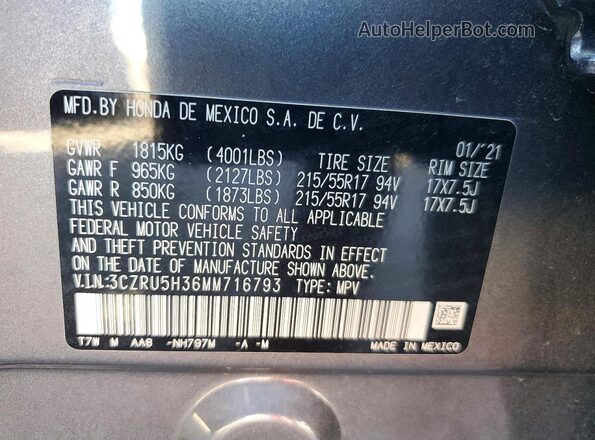 3CZRU5H36MM716793 2021 HONDA HR-V Gray VIN sticker view