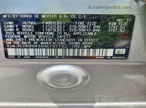 3CZRU5H3XHG707132 2017 HONDA HR-V Silver Вид наклейки з VIN-кодом