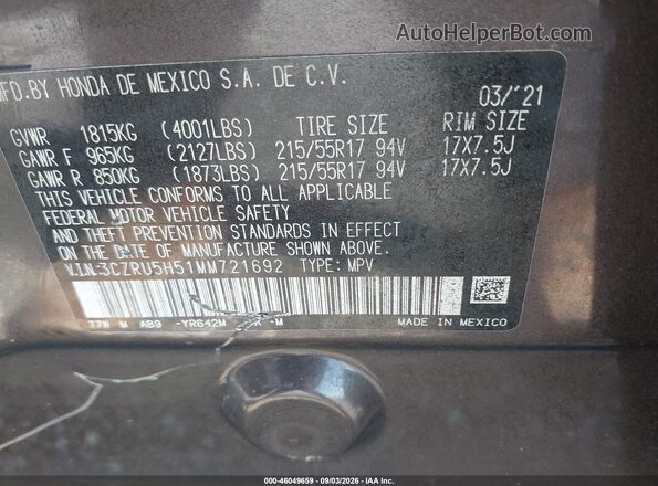 3CZRU5H51MM721692 2021 HONDA HR-V Pewter Շարժիչի բաժամունքի տեսք