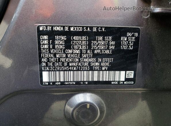3CZRU5H54KM712093 2019 HONDA HR-V Gray VIN կոդի պիտակի տեսք