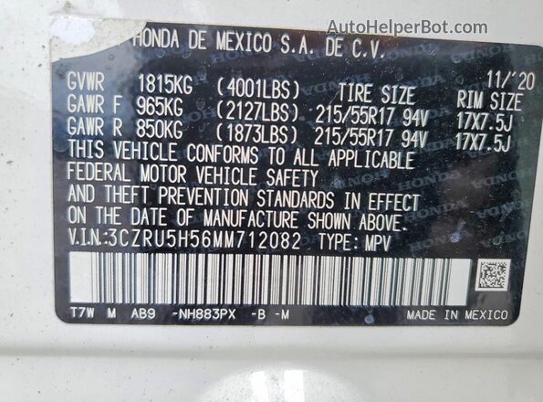 3CZRU5H56MM712082 2021 HONDA HR-V White VIN sticker view