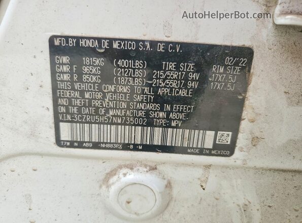 3CZRU5H57NM735002 2022 HONDA HR-V White Vista del compartimento del motor
