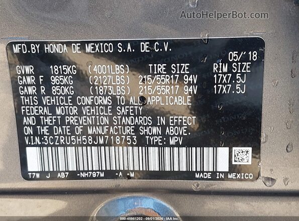 3CZRU5H58JM718753 2018 HONDA HR-V Gray Widok komory silnika