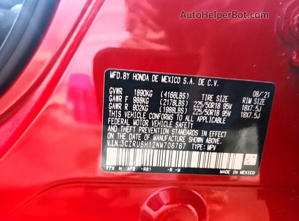 3CZRU6H12NM706767 2022 HONDA HR-V Red Vista de la etiqueta del VIN