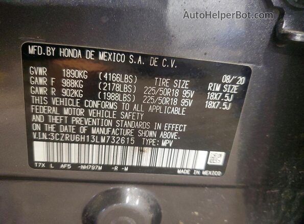 3CZRU6H13LM732615 2020 HONDA HR-V Gray VIN կոդի պիտակի տեսք