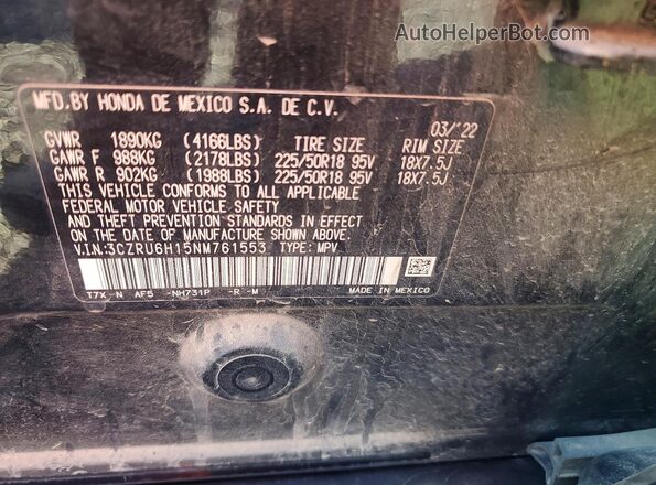 3CZRU6H15NM761553 2022 HONDA HR-V Black VIN կոդի պիտակի տեսք