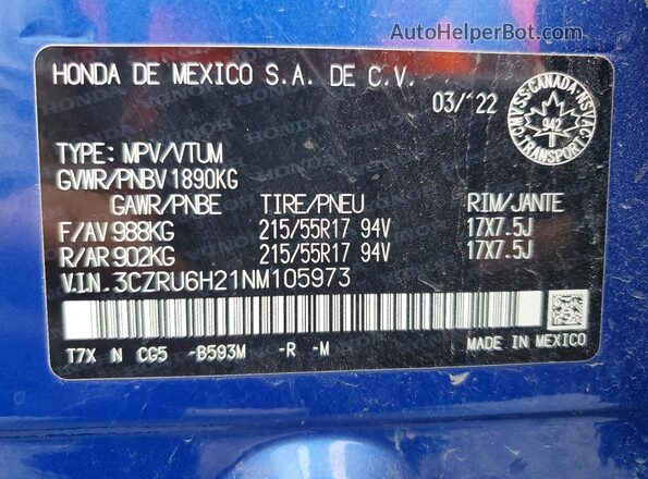 3CZRU6H21NM105973 2022 HONDA HR-V Blue Панорамний вид салону 360°