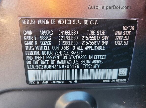 3CZRU6H31MM703178 2021 HONDA HR-V Gray VIN sticker view