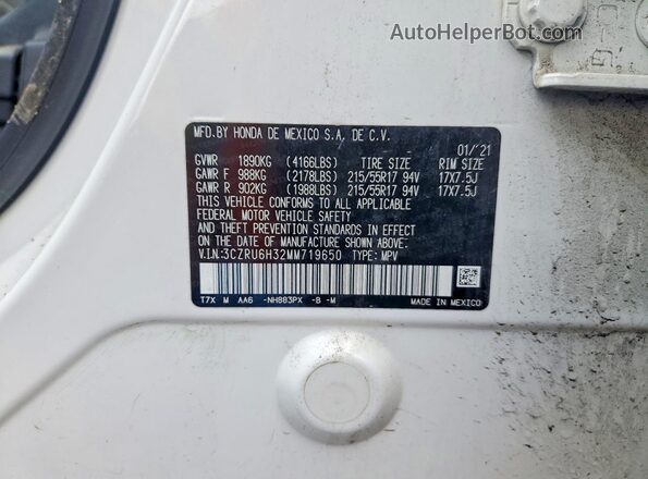 3CZRU6H32MM719650 2021 HONDA HR-V White VIN კოდის სტიკერის ხედი