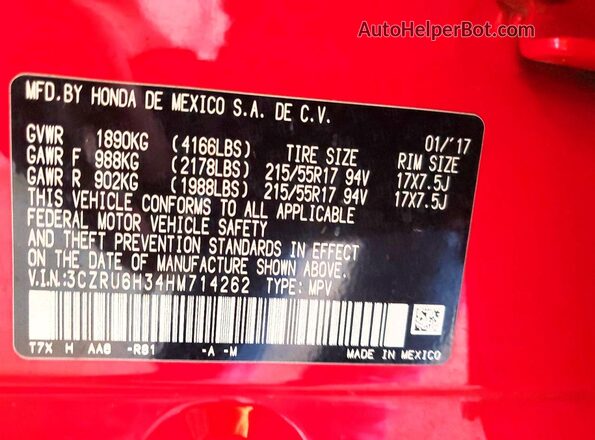3CZRU6H34HM714262 2017 HONDA HR-V Красный Вид наклейки с VIN-кодом