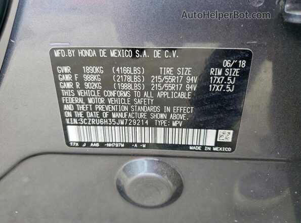 3CZRU6H35JM729214 2018 HONDA HR-V Серый Вид наклейки с VIN-кодом