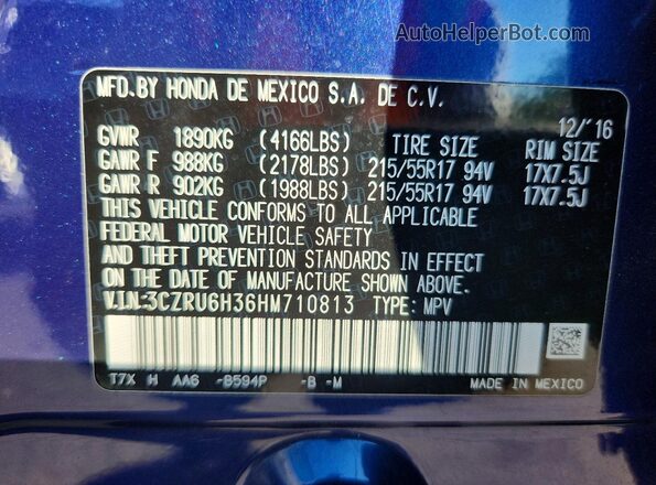 3CZRU6H36HM710813 2017 HONDA HR-V Синий Вид наклейки с VIN-кодом