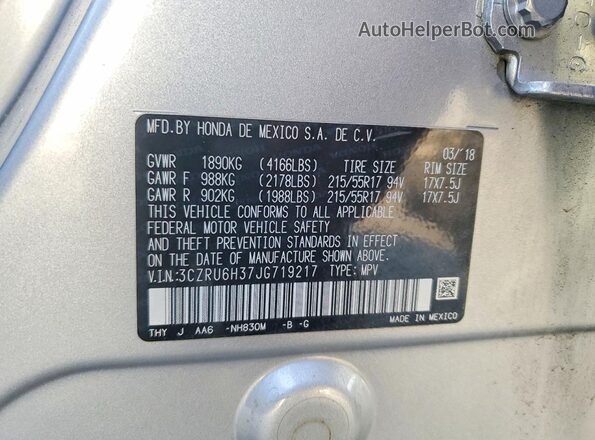 3CZRU6H37JG719217 2018 HONDA HR-V Gray Vista de la etiqueta del VIN
