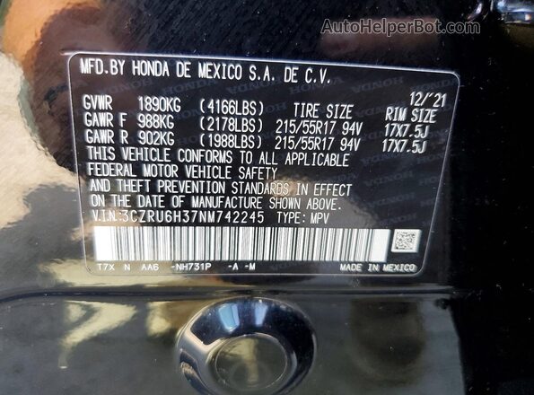 3CZRU6H37NM742245 2022 HONDA HR-V Black Vista de la etiqueta del VIN