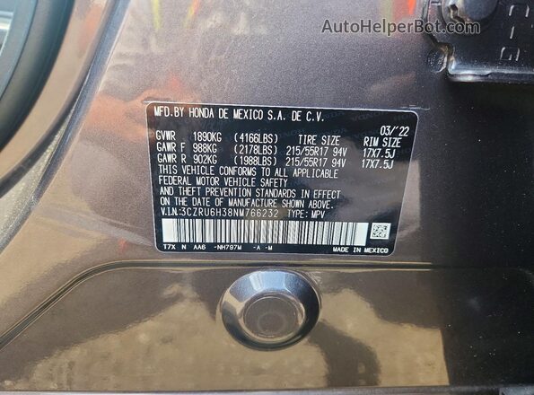 3CZRU6H38NM766232 2022 HONDA HR-V Black Շարժիչի բաժամունքի տեսք