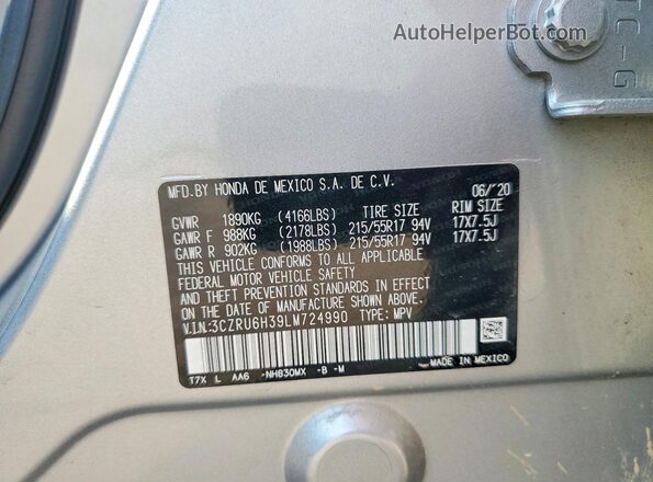3CZRU6H39LM724990 2020 HONDA HR-V Silver VIN კოდის სტიკერის ხედი