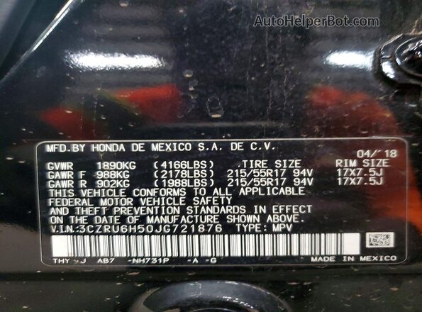 3CZRU6H50JG721876 2018 HONDA HR-V Black VIN კოდის სტიკერის ხედი