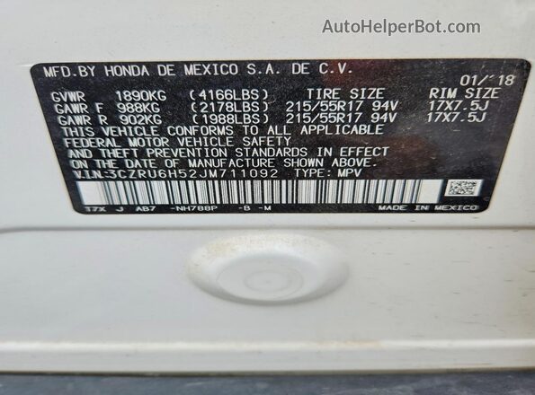 3CZRU6H52JM711092 2018 HONDA HR-V White Vista interior de 360 grados