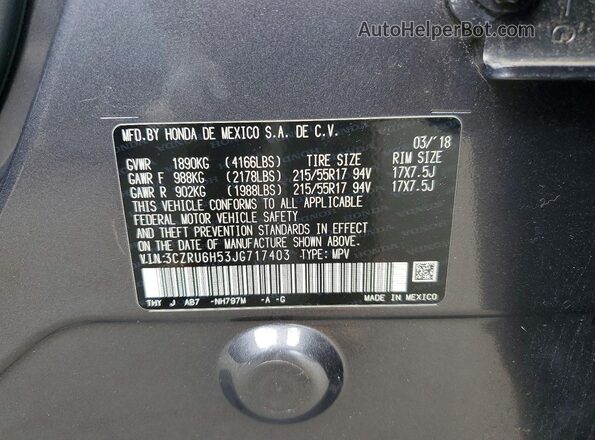 3CZRU6H53JG717403 2018 HONDA HR-V Gray Вид наклейки з VIN-кодом