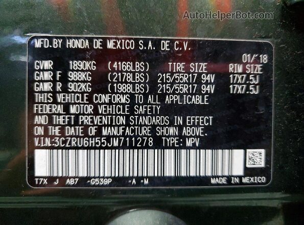 3CZRU6H55JM711278 2018 HONDA HR-V Green Widok naklejki z numerem VIN