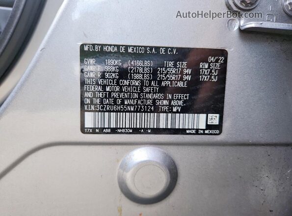 3CZRU6H55NM773124 2022 HONDA HR-V Silver Вид наклейки з VIN-кодом