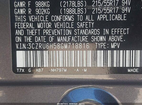 3CZRU6H58GM718816 2016 HONDA HR-V Gray Շարժիչի բաժամունքի տեսք