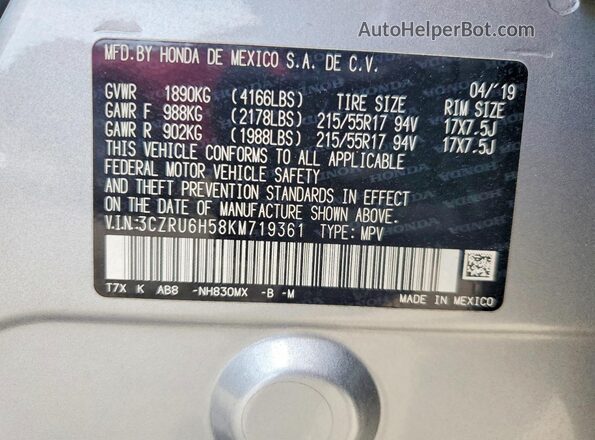 3CZRU6H58KM719361 2019 HONDA HR-V Silver VIN կոդի պիտակի տեսք