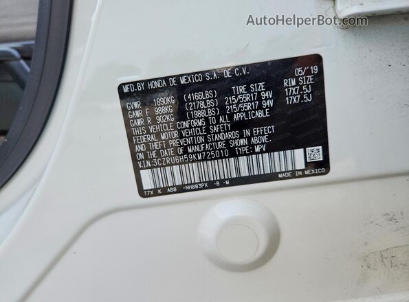 3CZRU6H59KM725010 2019 HONDA HR-V White VIN კოდის სტიკერის ხედი