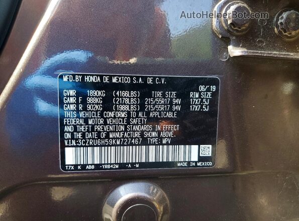 3CZRU6H59KM727467 2019 HONDA HR-V Brown Widok naklejki z numerem VIN