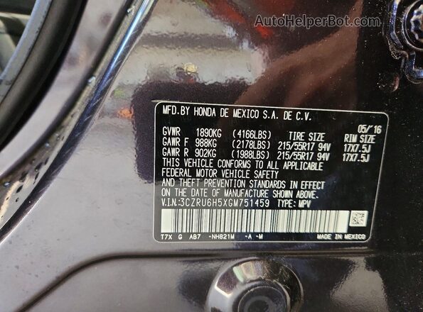 3CZRU6H5XGM751459 2016 HONDA HR-V Black VIN sticker view