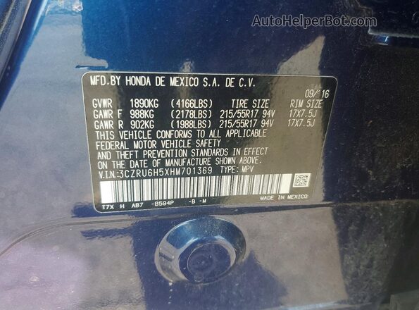 3CZRU6H5XHM701369 2017 HONDA HR-V Blue Вид наклейки з VIN-кодом