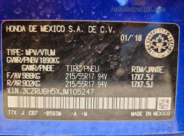 3CZRU6H5XJM105247 2018 HONDA HR-V Синий Вид наклейки с VIN-кодом