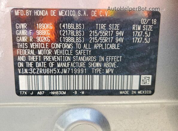 3CZRU6H5XJM719991 2018 HONDA HR-V Silver VIN კოდის სტიკერის ხედი