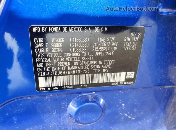 3CZRU6H76NM702225 2022 HONDA HR-V Blue Вид наклейки з VIN-кодом