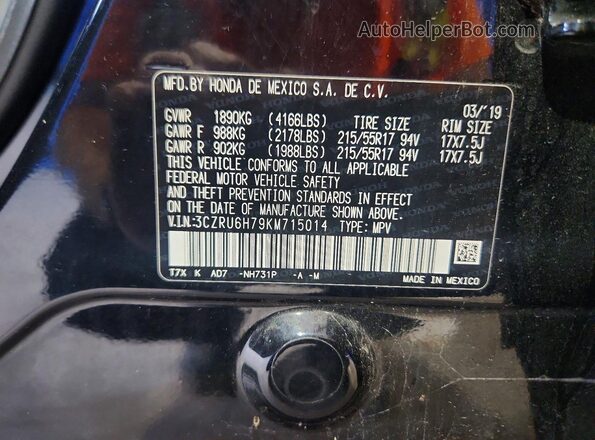 3CZRU6H79KM715014 2019 HONDA HR-V Black VIN კოდის სტიკერის ხედი