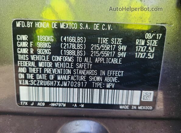 3CZRU6H7XJM702917 2018 HONDA HR-V Gray სალონის 360-გრადუსიანი ხედი