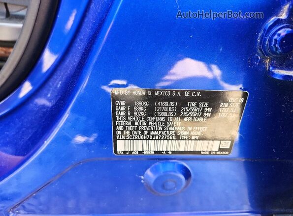 3CZRU6H7XJM727560 2018 HONDA HR-V Blue VIN կոդի պիտակի տեսք
