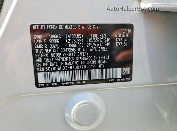 3CZRU6H92KM700470 2019 HONDA HR-V Белый Вид наклейки с VIN-кодом