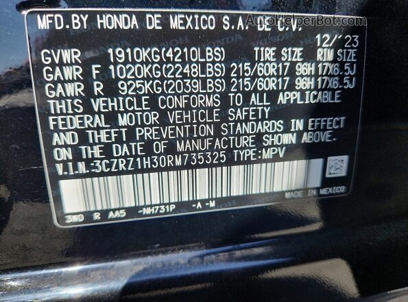 3CZRZ1H30RM735325 2024 HONDA HR-V Black Vista de la etiqueta del VIN