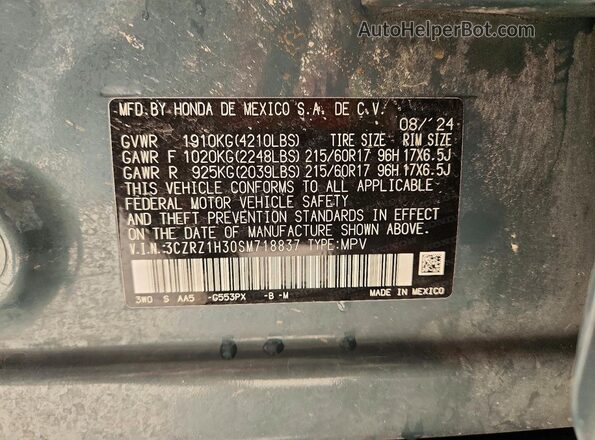 3CZRZ1H30SM718837 2025 HONDA HR-V Gray VIN կոդի պիտակի տեսք