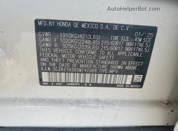 3CZRZ1H30SM747089 2025 HONDA HR-V White VIN კოდის სტიკერის ხედი