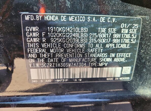 3CZRZ1H30SM747304 2025 HONDA HR-V Black Vista de la etiqueta del VIN