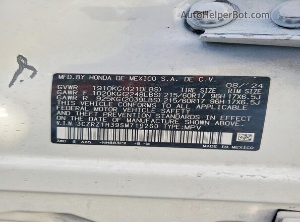 3CZRZ1H39SM719260 2025 HONDA HR-V White Вид наклейки з VIN-кодом