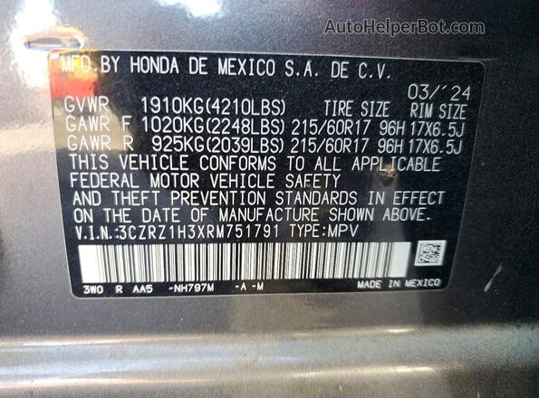 3CZRZ1H3XRM751791 2024 HONDA HR-V Серый Вид наклейки с VIN-кодом