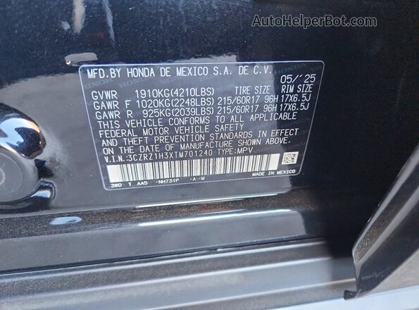 3CZRZ1H3XTM701240 2026 HONDA HR-V Black Widok naklejki z numerem VIN