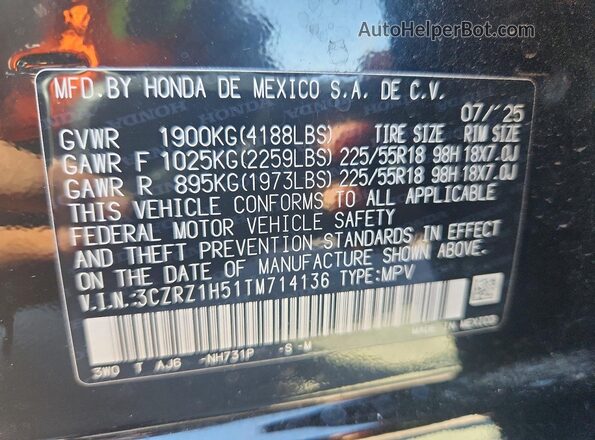 3CZRZ1H51TM714136 2026 HONDA HR-V Black Vista del compartimento del motor