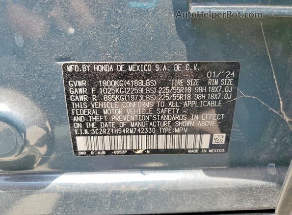 3CZRZ1H54RM742330 2024 HONDA HR-V Blue VIN კოდის სტიკერის ხედი