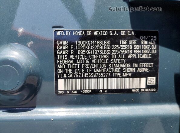 3CZRZ1H56SM755277 2025 HONDA HR-V Blue ძრავის განყოფილების ხედი