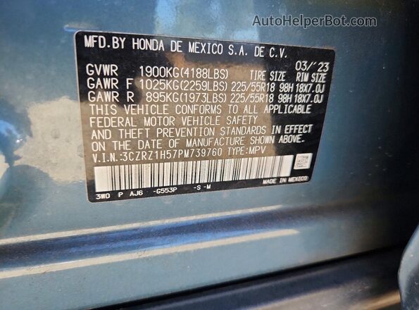 3CZRZ1H57PM739760 2023 HONDA HR-V Gray Вид наклейки з VIN-кодом